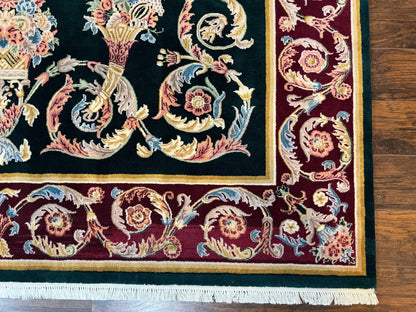 Aubusson Rug 9x12, Dark Green, European Design, Vintage Fine Handmade Carpet, Elegant