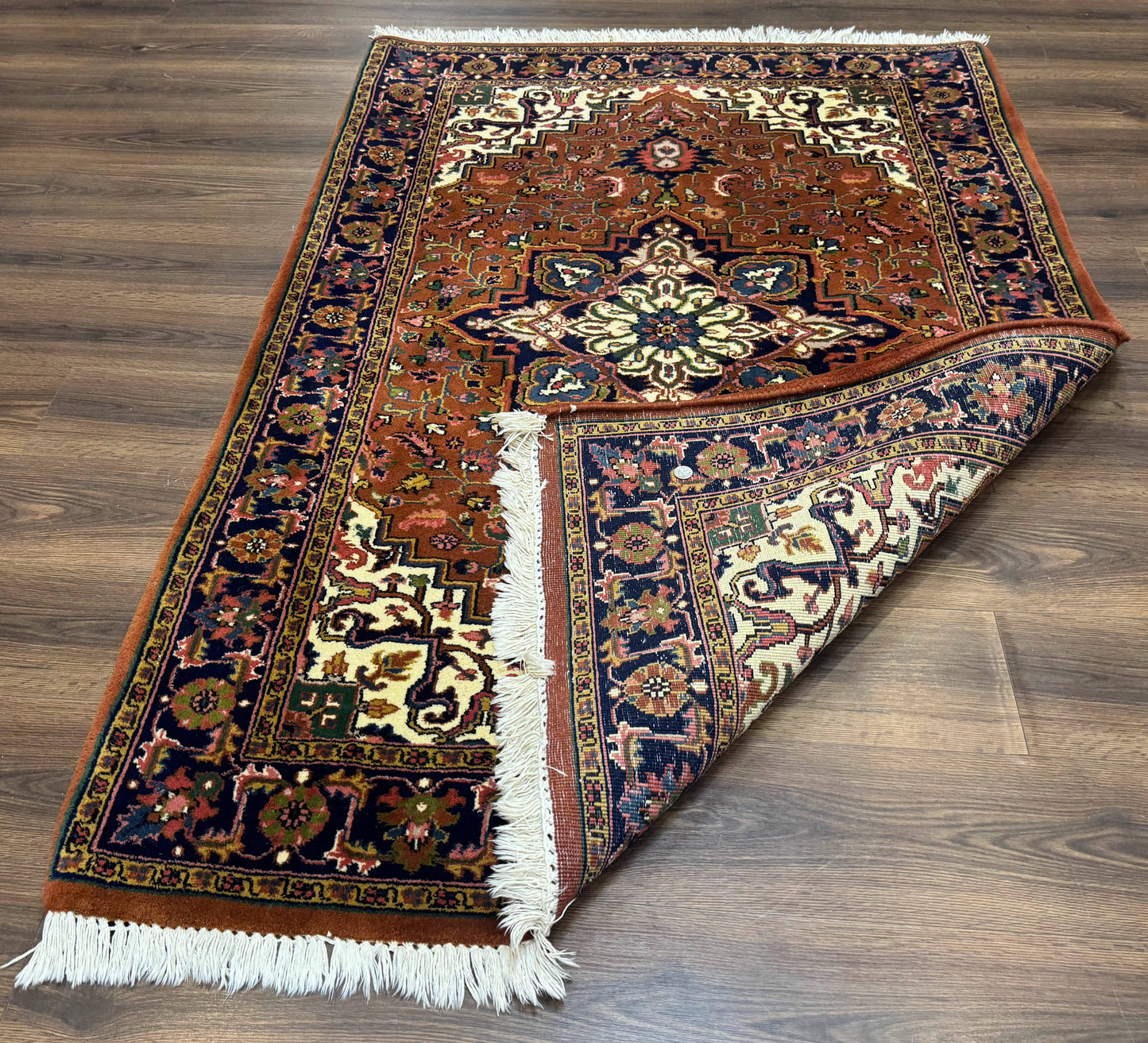 Indo Persian Heriz Rug 4x6, Rust Red Navy Blue and Cream