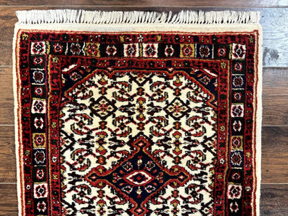 Indo Persian Bidjar Runner Rug 2.8 x 10, Vintage Rug for Hallway, 10ft Runner, Wool Handmade Ivory and Red, Medallions