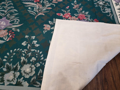 Chinese Needlepoint Rug 8x10, Vintage Green Area Rug, Hand-Woven Flatweave Floral European Design Carpet Wool Handmade 8x 10 Living Room Rug