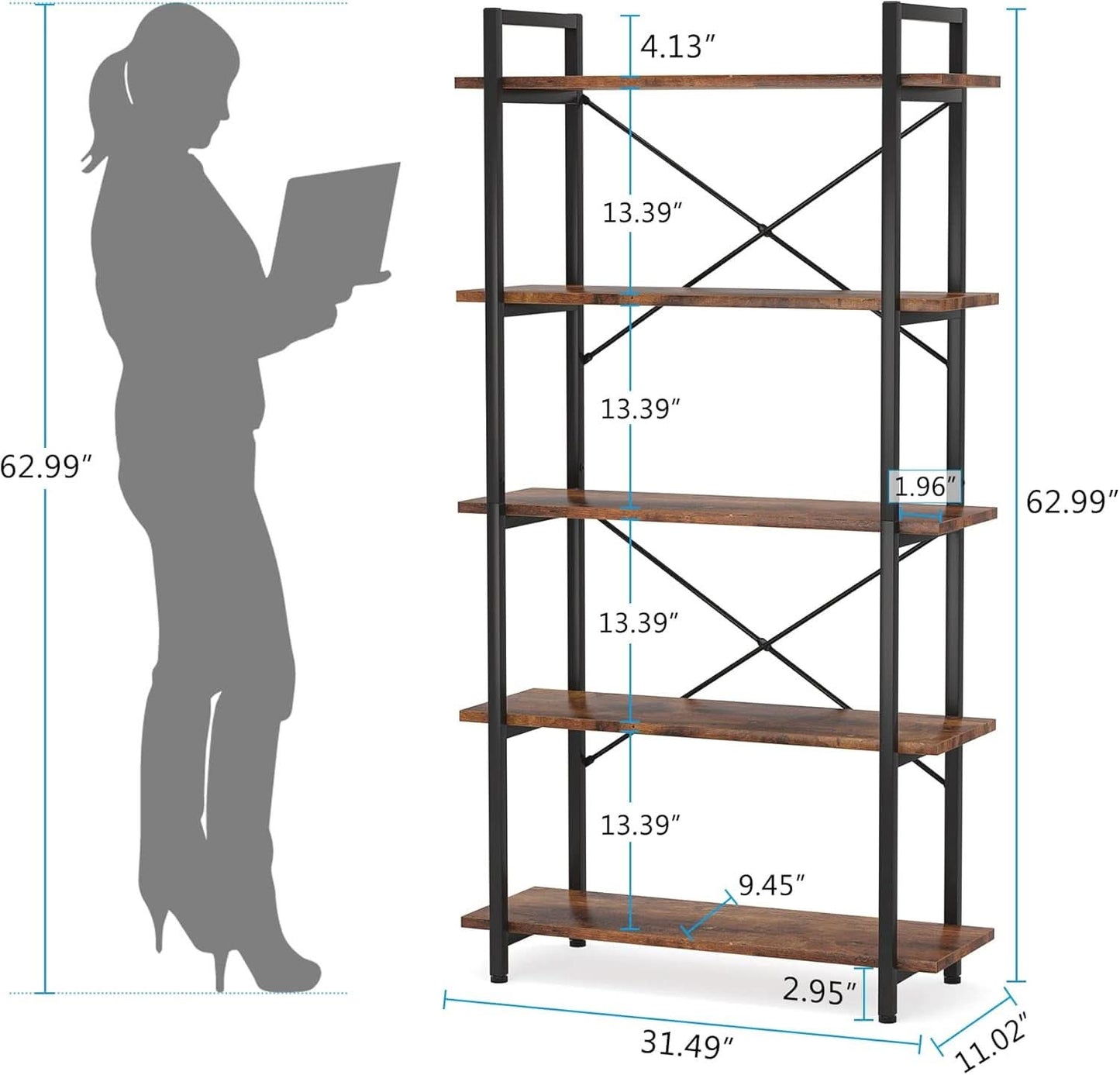 Industrial Rustic 5 Tier Etagere Bookshelf With Metal Frame