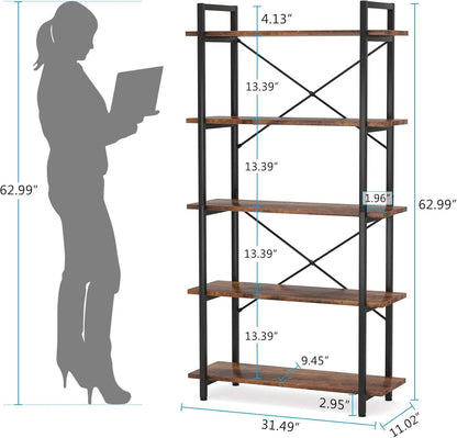 Industrial Rustic 5 Tier Etagere Bookshelf With Metal Frame