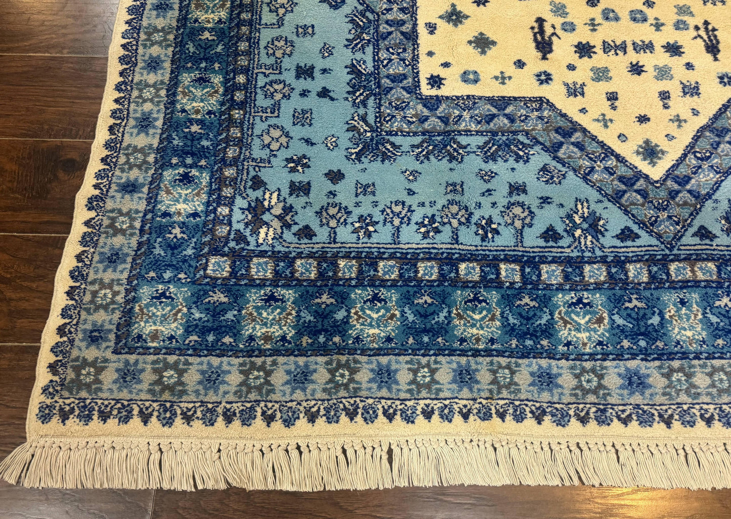Moroccan Rug 7x10, Geometric Medallion, Blue and Ivory