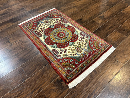 Persian Bijar Rug 2.6 x 4, Antique Carpet, Brick Red and Ivory