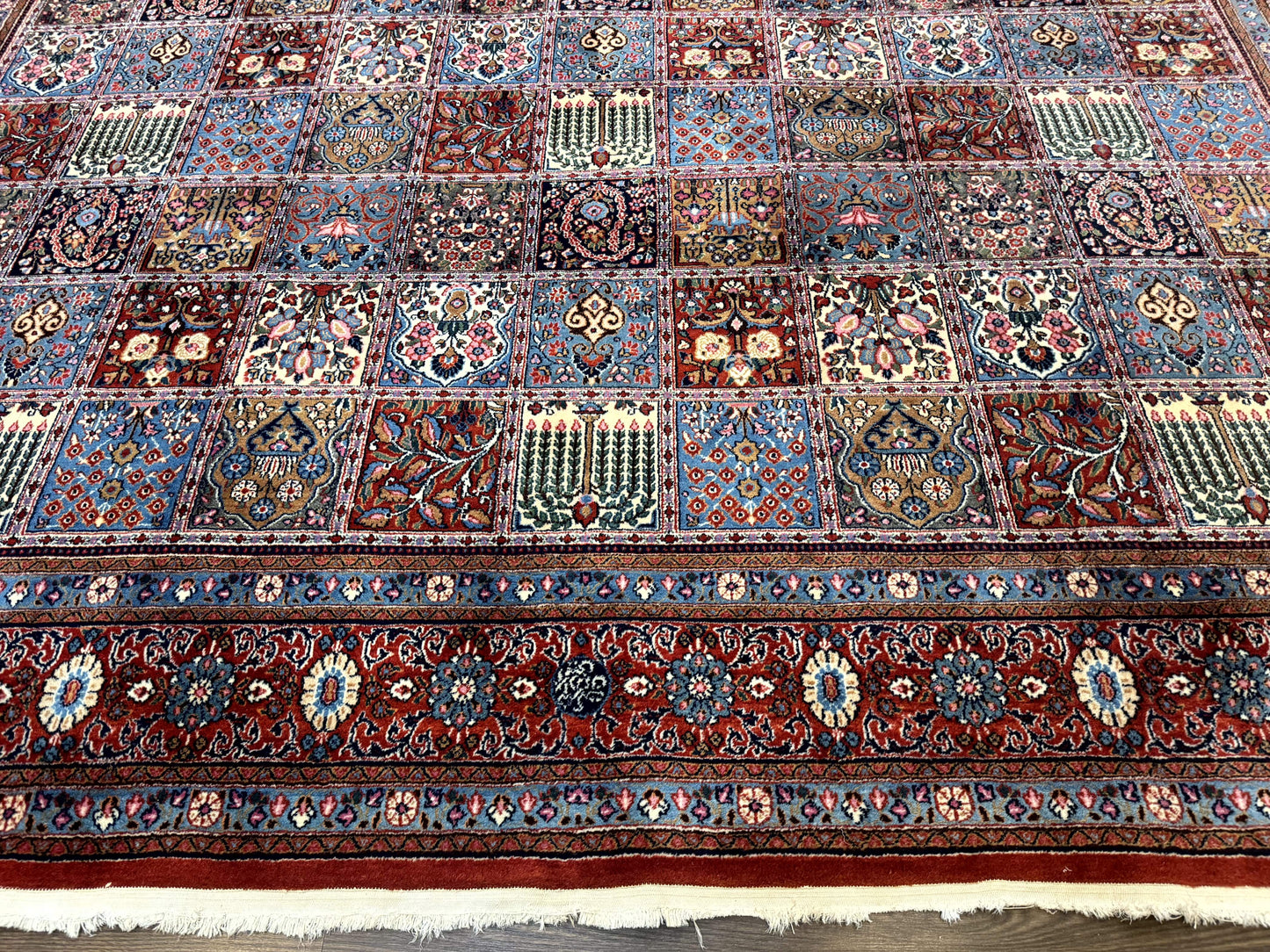 Wonderful Persian Qum Rug 10x13, Panel Design, Fine 260 KPSI, Signed, Red Multicolor