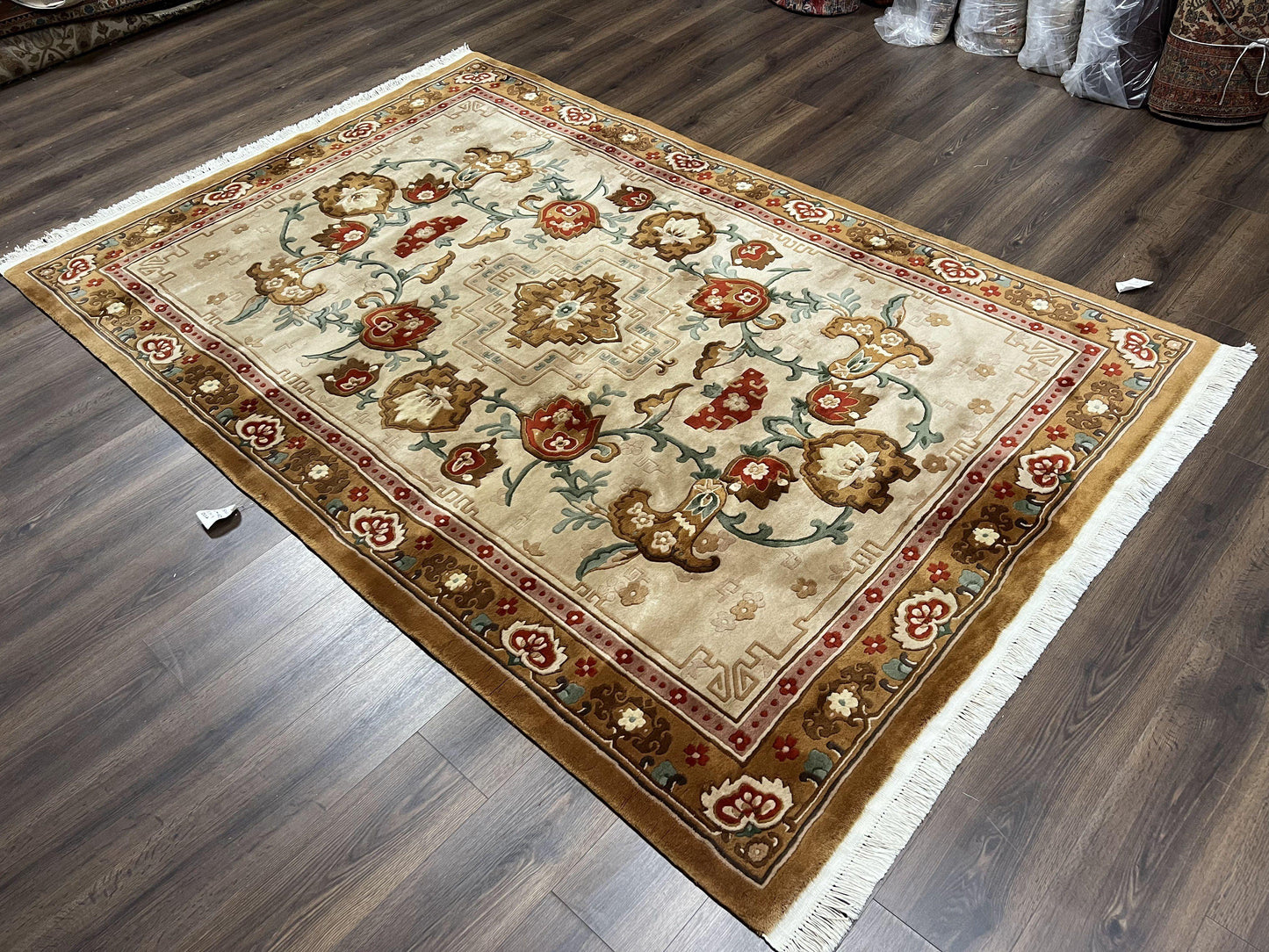 Chinese Wool Rug 5.9 x 9, Tan and Brown Asian Art Deco Carpet, Vintage 1960s Oriental Rug, Hand-Knotted Rug, Soft Wool, Medallion, Pair B