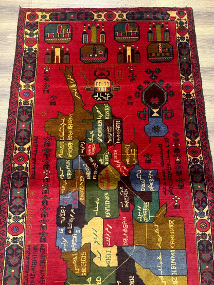 Red Afghan Balouch Rug 3x7, Tribal, Map of Afghanistan Depiction, Handmade, New