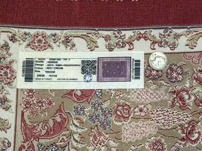 Turkish Silk Hunting Scene Rug 5 x 7.6, Red & Ivory, Bamboo Silk, New