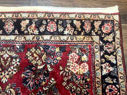 Antique Persian Sarouk Rug 4x7, Floral, Red 1920s Persian Wool Carpet