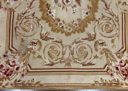 Aubusson Needlepoint Rug 4x5 ft, Beige and Tan, Aubusson Savonnerie Vintage Carpet, Handwoven Handmade Wool Rug, European Design Floral Rose