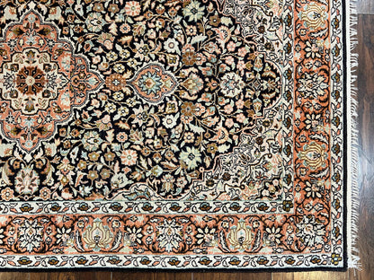 Silk Indian Kashmiri Rug 3x5, Indo Persian Silk on Silk Carpet, Very Fine 350 KPSI, Navy Blue, Handmade, Floral Medallion
