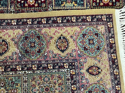 Indo Persian Silk Rug 4x6, Panel Design, Small Flowers, Hand Knotted, Fine Weave, Oriental Carpet 4 x 6, Vintage Area Rug, Beautiful Rug