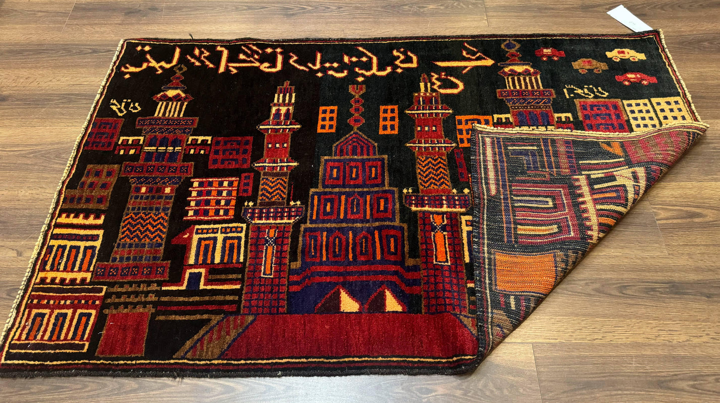 Balouch Rug 3x5, City Pictorial, Afghan Rug