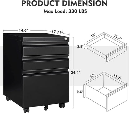 Three Drawer File Cabinet On Wheels With Lock Black Metal