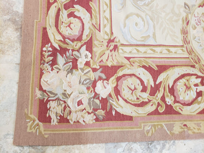 Aubusson Rug 6x9, Elegant Flatweave Rug, Aubusson Savonnerie 6 x 9 Flatweave Area Rug, Cream and Red, Wool Hand Woven Carpet, Medium Size