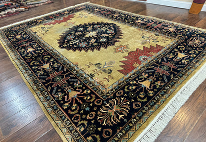 Indo Persian Heriz Rug 8x12, Camel Hair Tan and Navy Blue, Decorative