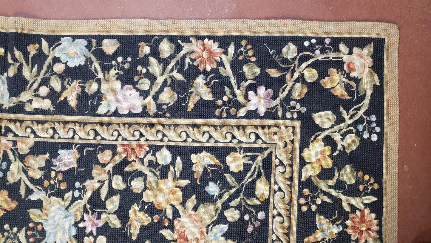 6x9 Vintage Needlepoint Rug Petitepoint Carpet Butterflies Floral Design Dark Brown & Tan 6 x 9 Handmade Flatweave Area Rug