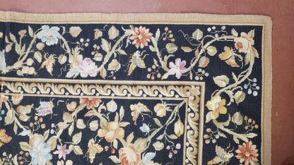 6x9 Vintage Needlepoint Rug Petitepoint Carpet Butterflies Floral Design Dark Brown & Tan 6 x 9 Handmade Flatweave Area Rug