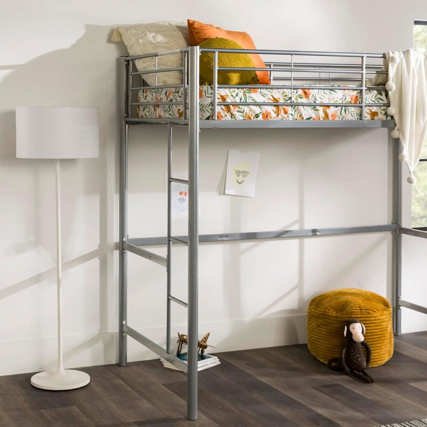 Silver Metal Industrial Twin Over Loft Bunk Bed With Ladder