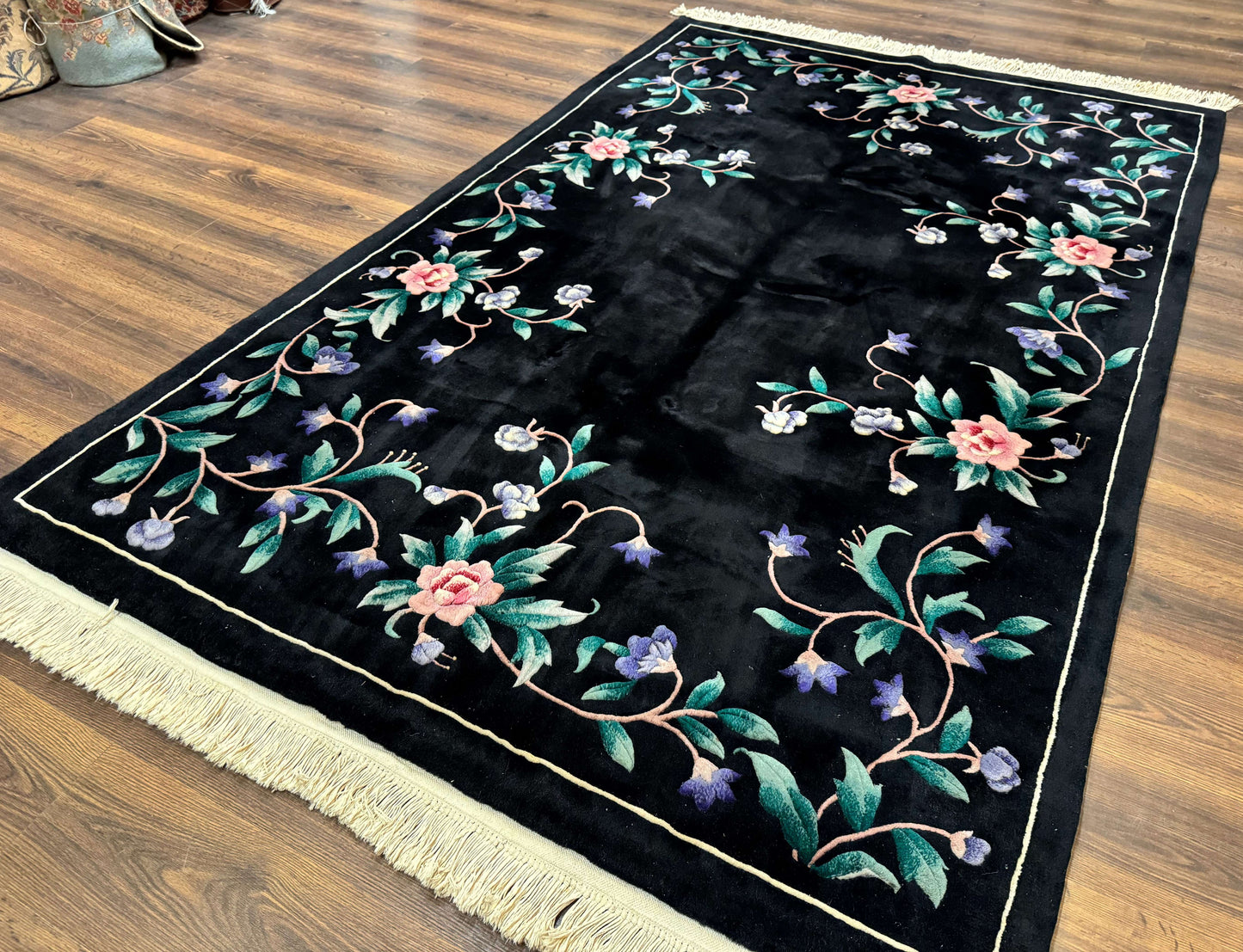 Chinese Wool Rug 6x9, Black, Floral, Minimal Design, 90 Line Carpet, Vintage Art Deco Rug