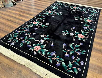 Chinese Wool Rug 6x9, Black, Floral, Minimal Design, 90 Line Carpet, Vintage Art Deco Rug