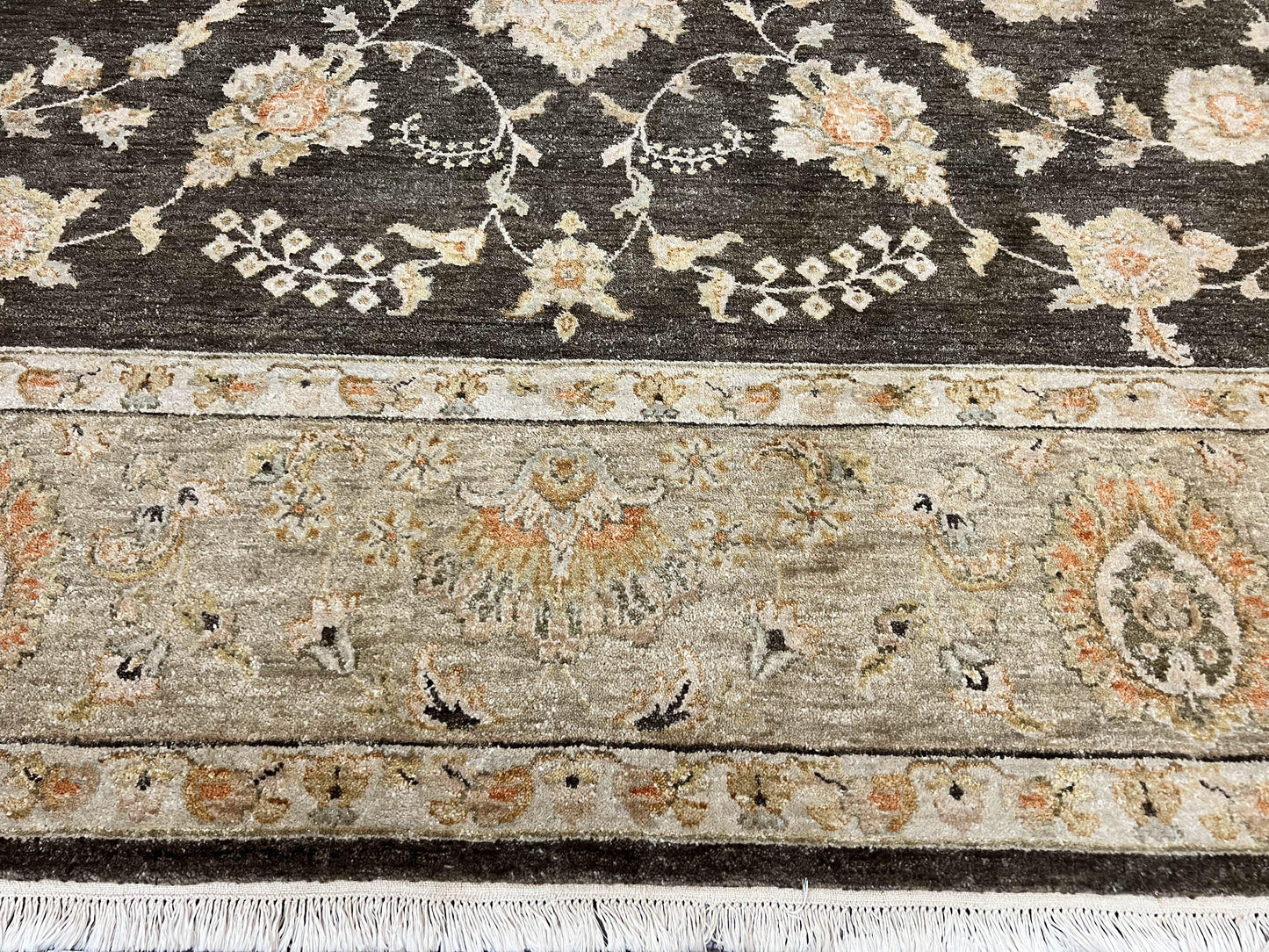 Indo Persian Rug 9x12, Sultanabad Indian Carpet, Dark Brown, Hand Knotted Vintage Wool Rug