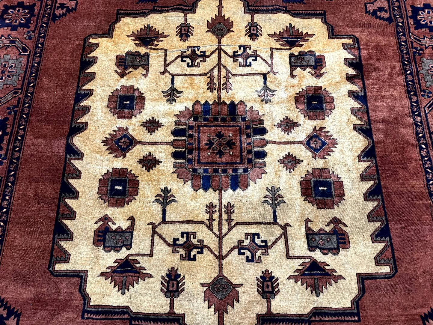 Afghan Heriz Rug 9x12, Tribal Geometric Serapi Carpet, Rust Cream and Navy, Wool on Wool