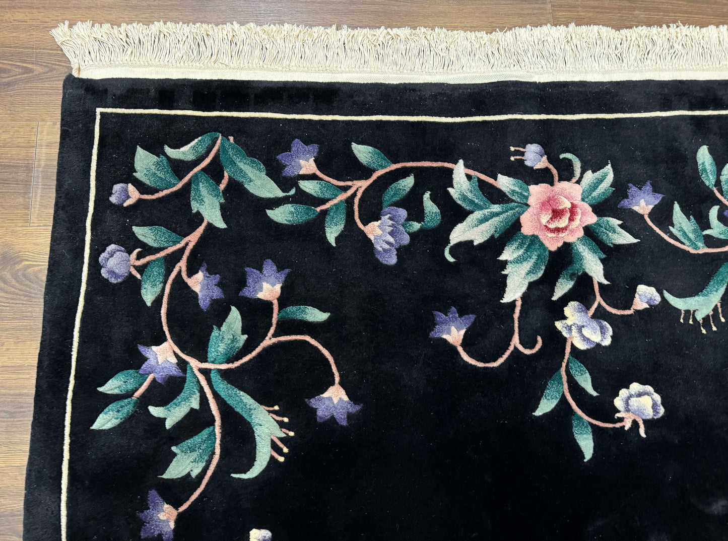 Chinese Wool Rug 6x9, Black, Floral, Minimal Design, 90 Line Carpet, Vintage Art Deco Rug