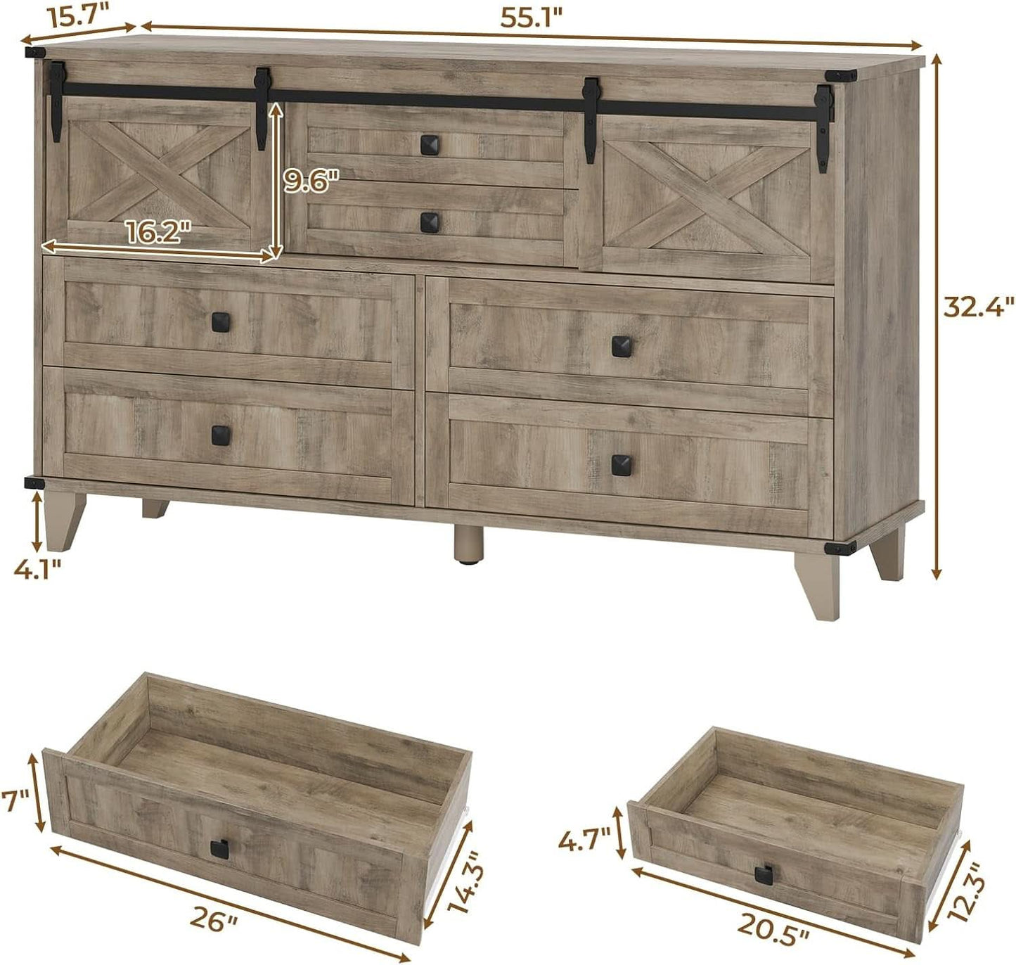 Six Drawer Dresser Rustic Oakwood Sliding BarnDoor