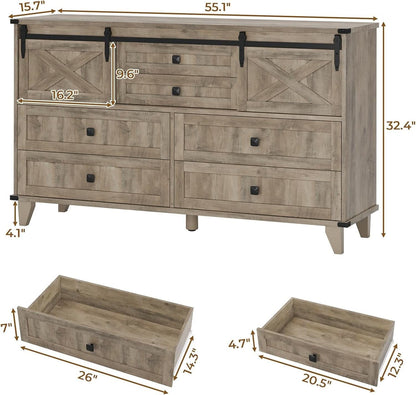 Six Drawer Dresser Rustic Oakwood Sliding BarnDoor