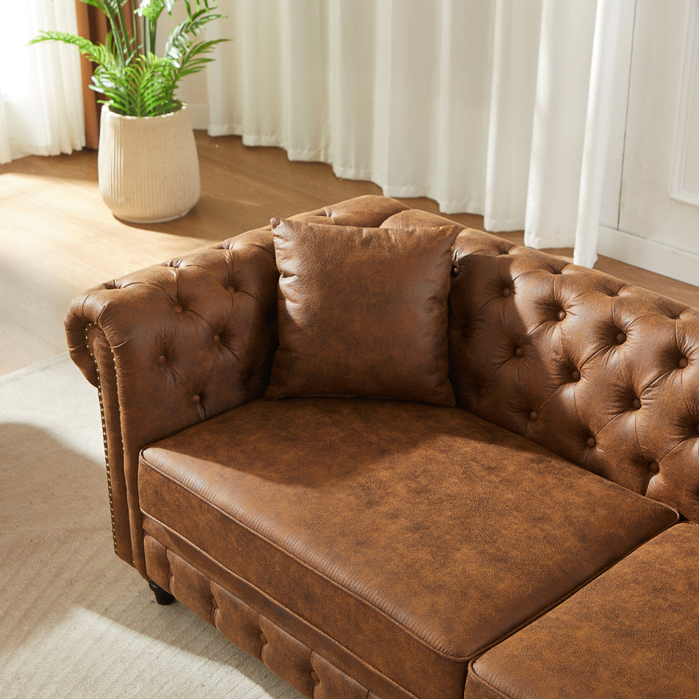 85.5" Chesterfield Sofa 3-Seater | Tech Fabric with Button Tufting, Rolled Arms & Wood Legs — Brown / Black