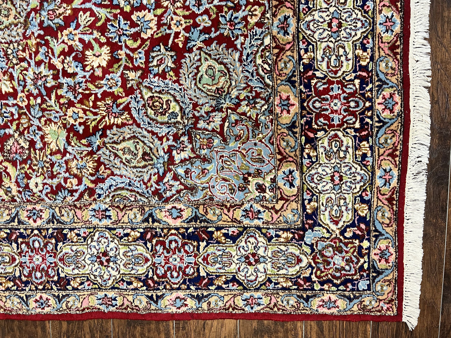 Persian Rug 7x10, Kirman Oriental Carpet 7 x 10 ft, Hand Knotted Wool Floral Medallion Semi Antique Persian Rug, Dark Red Light Blue Vintage