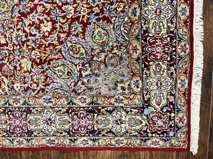 Persian Rug 7x10, Kirman Oriental Carpet 7 x 10 ft, Hand Knotted Wool Floral Medallion Semi Antique Persian Rug, Dark Red Light Blue Vintage
