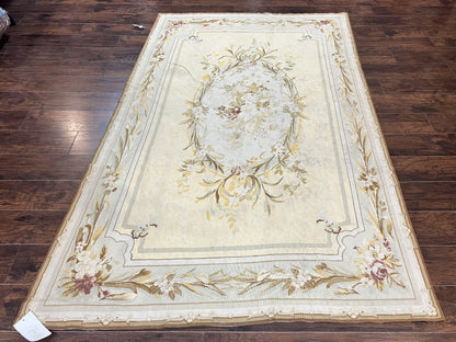 Needlepoint Rug 6x9, Elegant European Design Aubusson Carpet, Vintage Wool Handmade Rug, Light Yellow Ivory