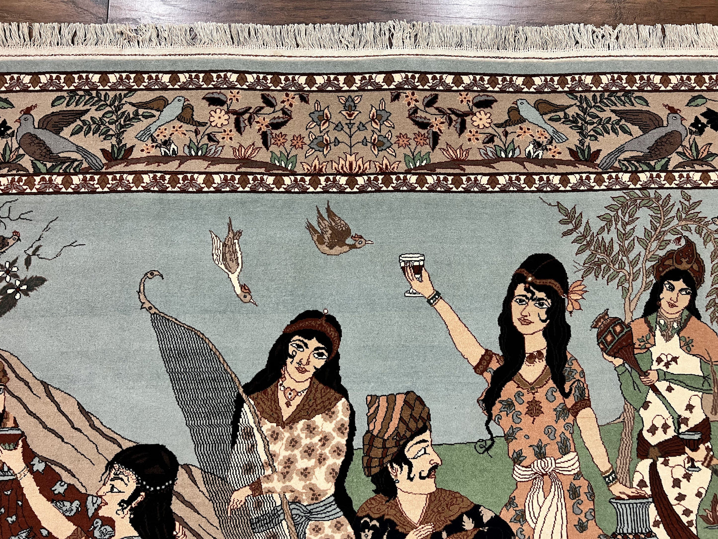 Indo Persian Pictorial Rug 4x7, Handmade Hand Knotted Wool Semi Antique Horizontal Carpet, Men & Women Drinking, Fine Rug, Bird Pictorials