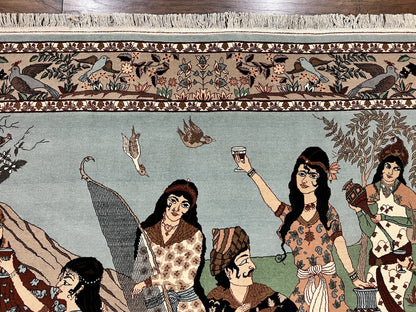 Indo Persian Pictorial Rug 4x7, Handmade Hand Knotted Wool Semi Antique Horizontal Carpet, Men & Women Drinking, Fine Rug, Bird Pictorials