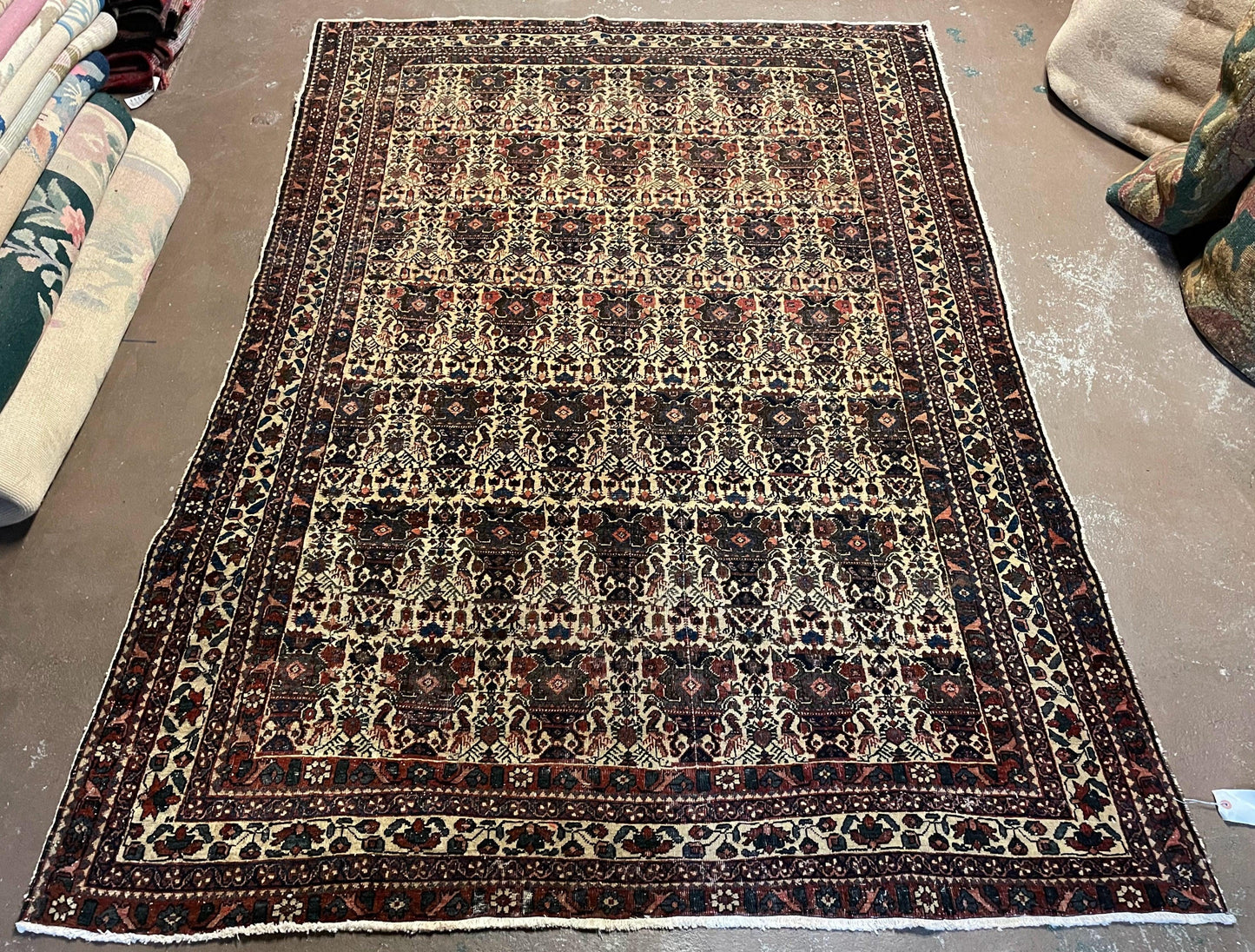 Antique Persian Afshar Rug 5x7, Wool Hand Knotted Oriental Carpet 5 x 7 ft, Repeated Motif Allover, Cream and Maroon, Tribal Rug, Medium Sized Rug,  Zil-i-Sultan Design