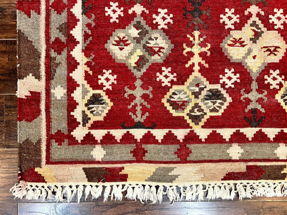 Indian Kilim Rug 6x6, Square Kilim Flatweave Carpet, Vintage Handmade Wool Rug, Red