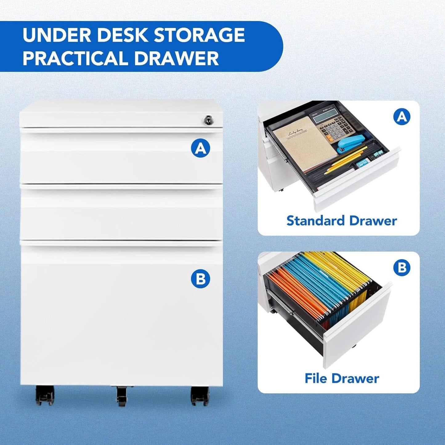 Three Drawer Mobile File Cabinet Under Desk White With Locking System For Legal Letter A4 Files