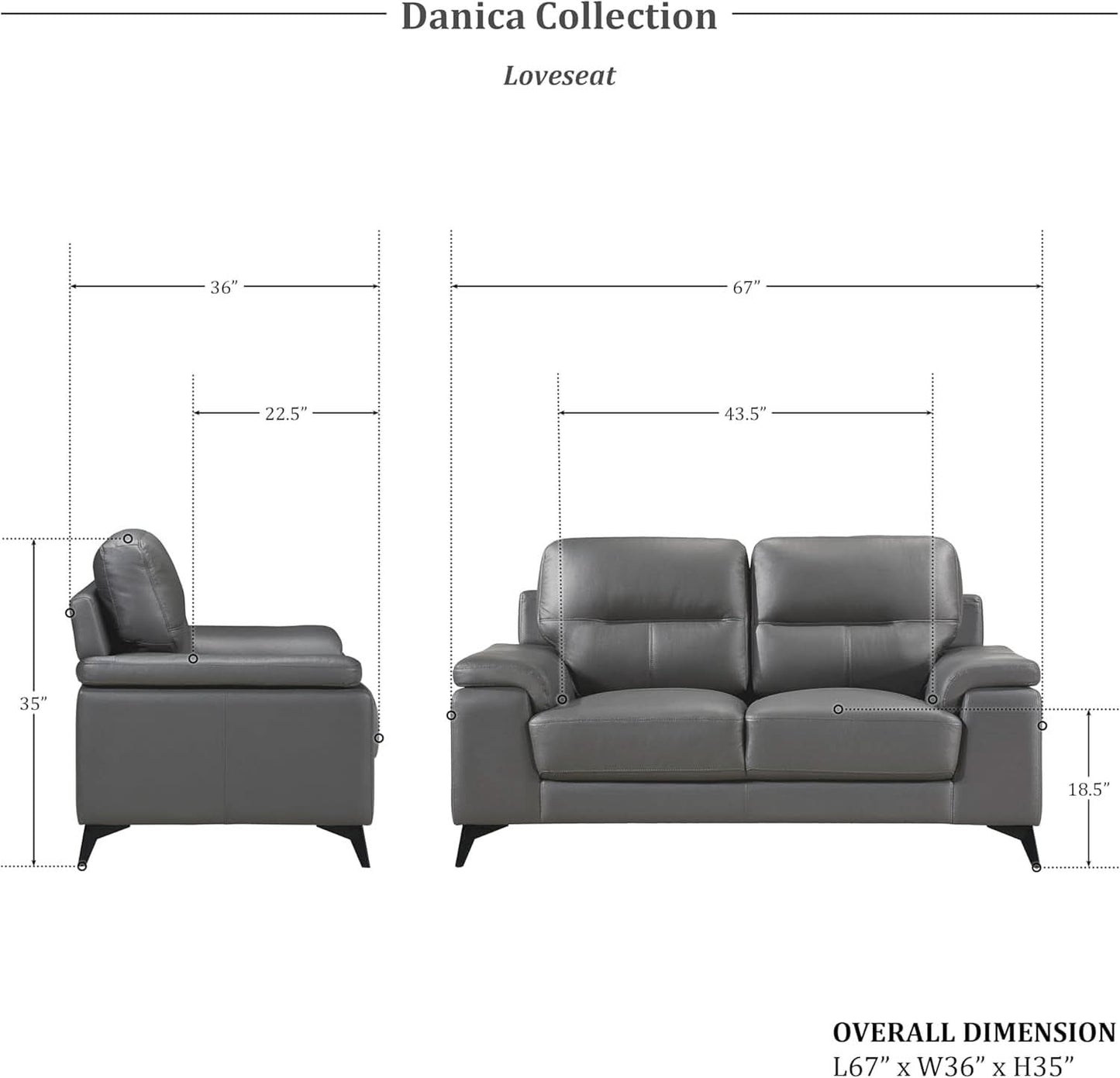 Top Grain Leather Two Piece Living Room Sofa Set Dark Gray