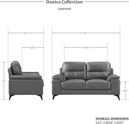 Top Grain Leather Two Piece Living Room Sofa Set Dark Gray