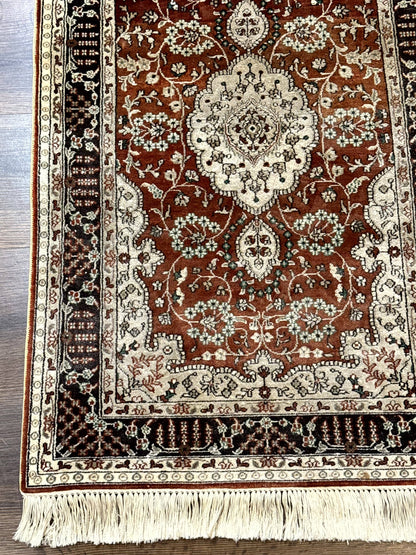 Turkish Silk Narrow Runner Rug 2 x 5.8, Very Fine 340 KPSI, Floral Medallions, Red