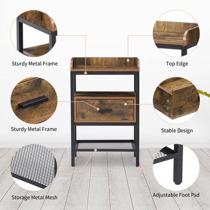 Industrial Three Tier Nightstand Set With Wood Grain Finish