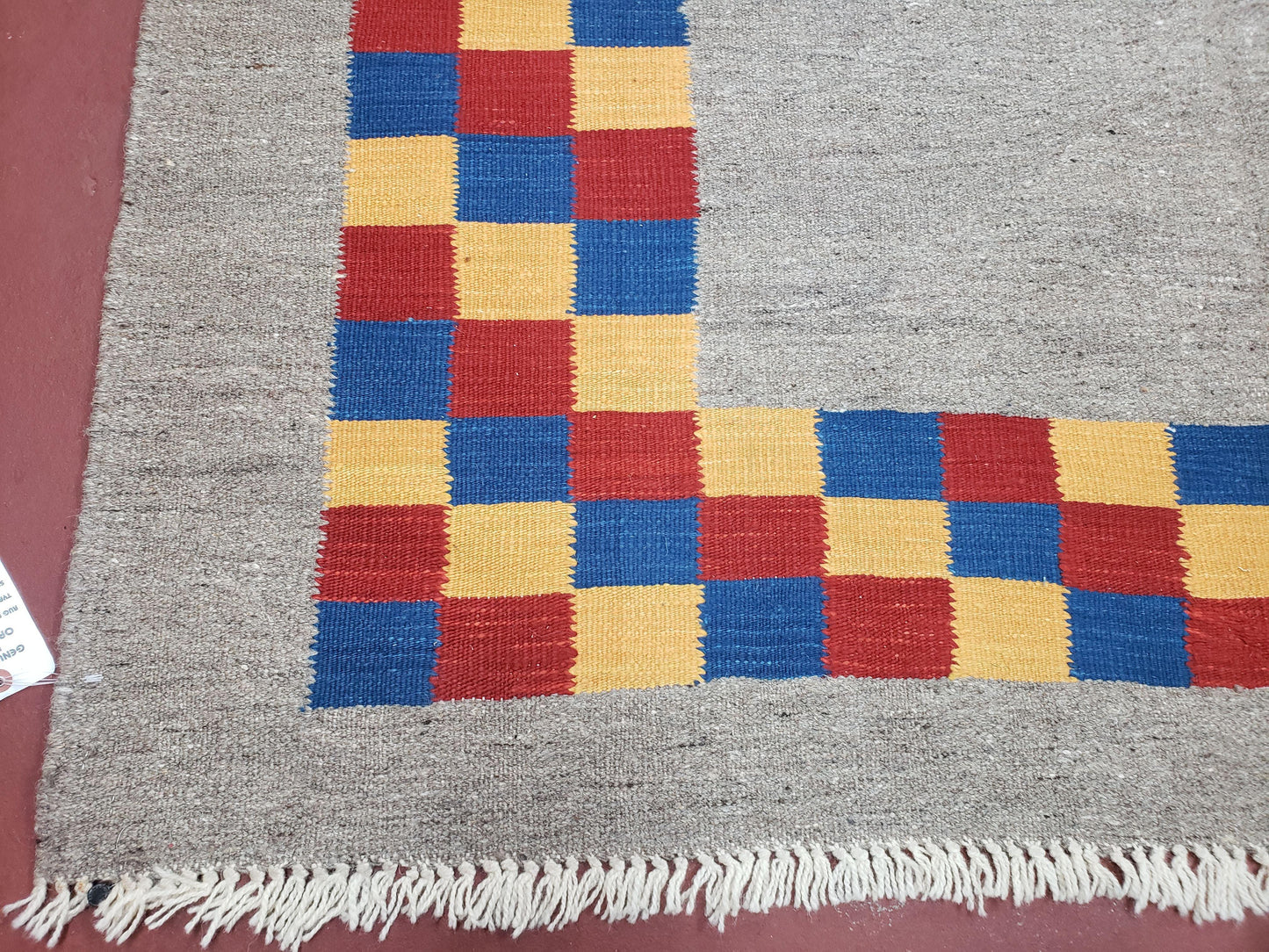 New Turkish Kilim Area Rug, Gray Carpet With Colorful Checker Border, 5'6" x 8", Flatweave Carpet, Playroom Rug, Kids Room Rug, Hand-Knotted