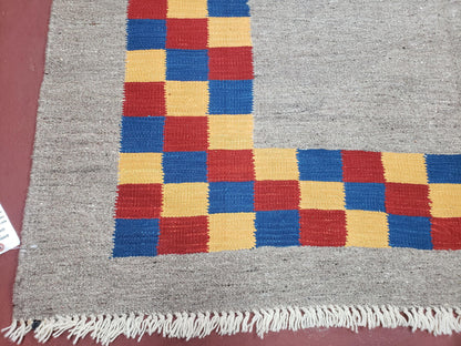 New Turkish Kilim Area Rug, Gray Carpet With Colorful Checker Border, 5'6" x 8", Flatweave Carpet, Playroom Rug, Kids Room Rug, Hand-Knotted