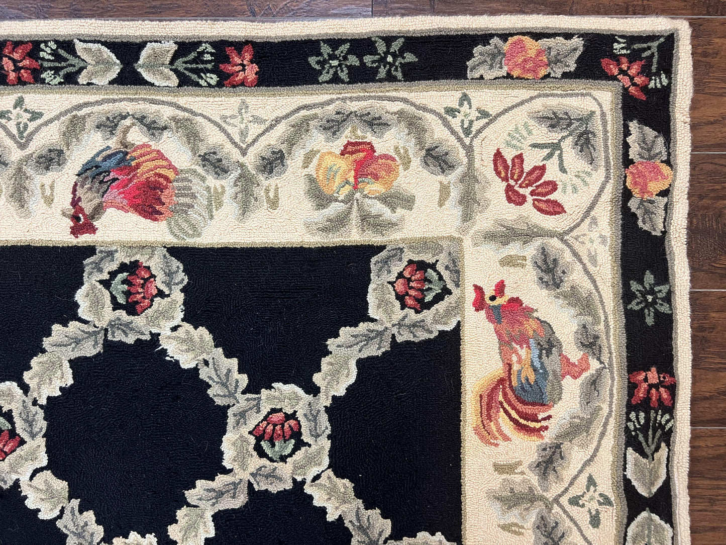 Hooked Rug 5x8, European Aubusson Pattern, Black and Ivory, Roses & Roosters, Vintage Wool Rug