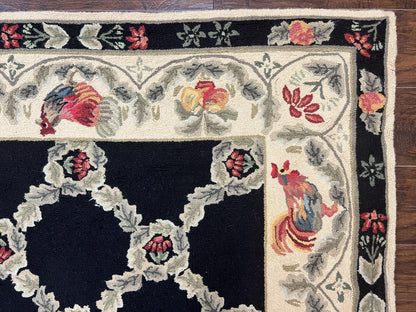 Hooked Rug 5x8, European Aubusson Pattern, Black and Ivory, Roses & Roosters, Vintage Wool Rug