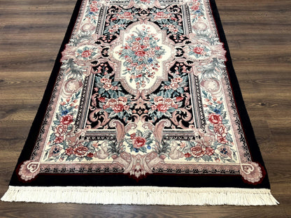 Aubusson Rug 4x6, Elegant European Floral Design, Black and Ivory, Fine 200 KPSI