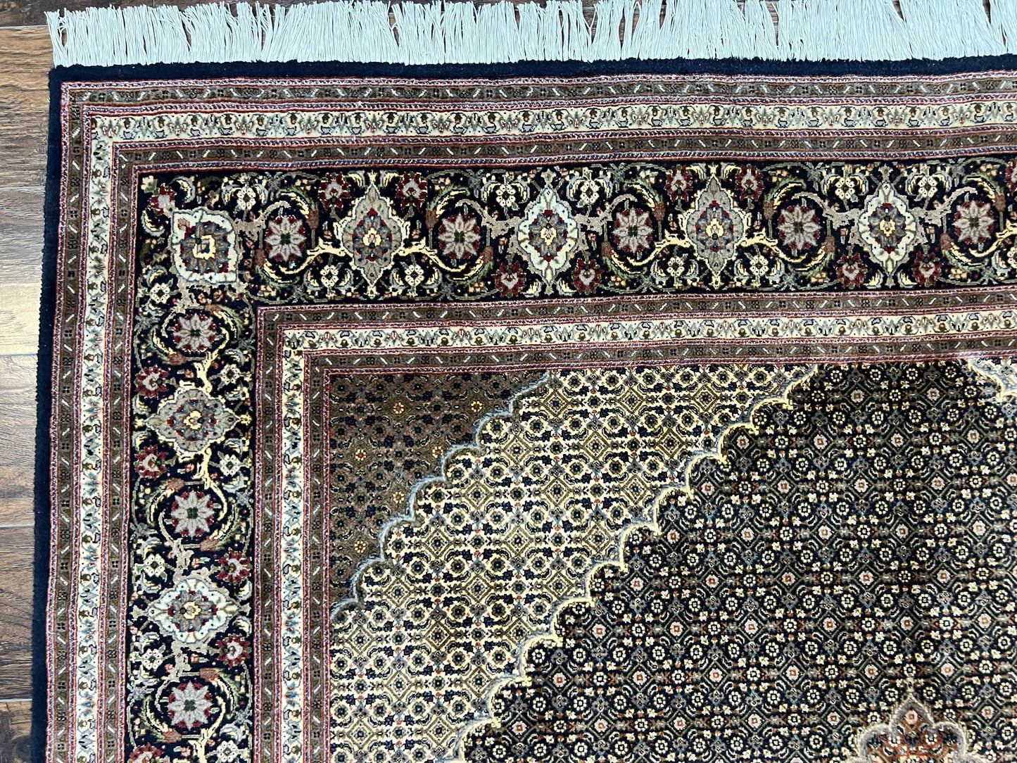 Persian Tabriz Rug 7x10, Very Fine 330 KPSI 50 Raj, Black and Beige, Handmade Wool Vintage Persian Carpet