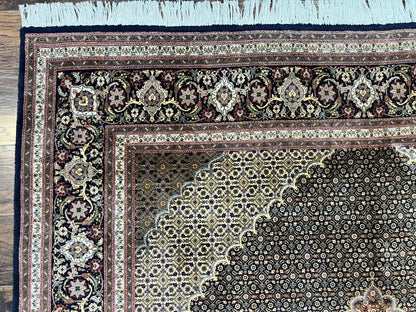 Persian Tabriz Rug 7x10, Very Fine 330 KPSI 50 Raj, Black and Beige, Handmade Wool Vintage Persian Carpet